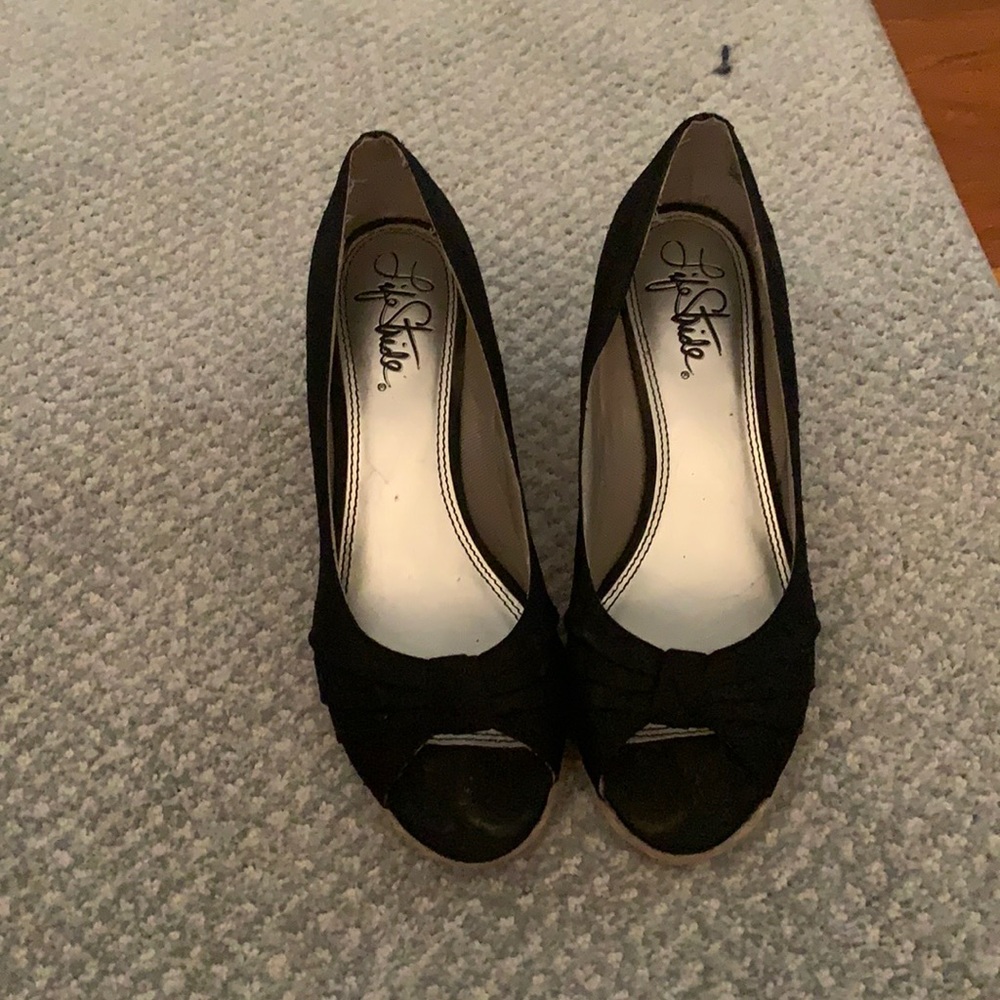 Romp black silk wedge open toed shoes